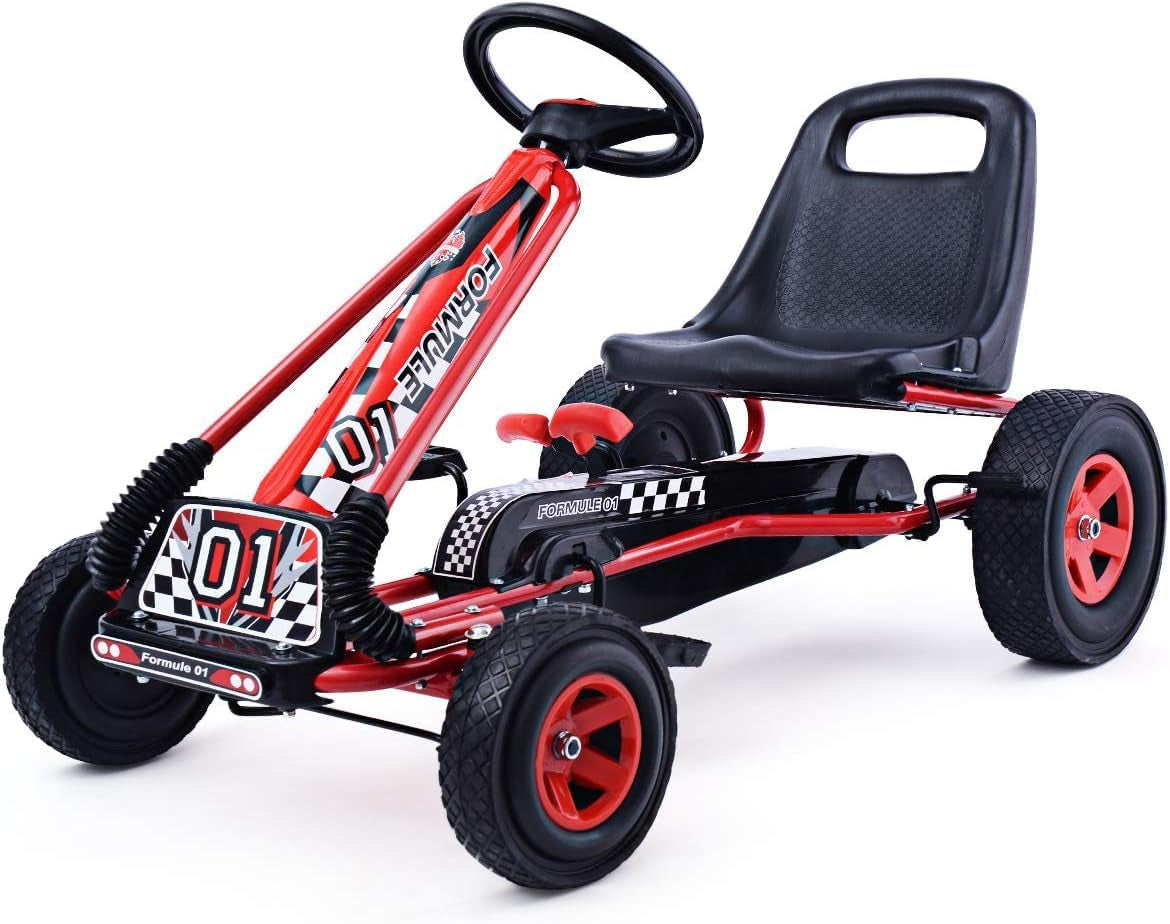 Go Kart for Kids, 4 Wheel Quad Off-Road Pedal on Foot Go Cart W/Steering Wheels & Adjustable Seat, 2 Safety Brakes, EVA Tires, Clutch, Outdoor Racer Ride on Pedal Car (Red)