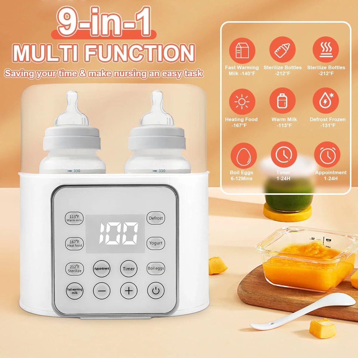 Baby , 9-In-1 Portable , Baby Bottle Sterilizer, Double Bottle Breast Milk Warmer with LCD Display, Timer & 24H Temperature Control