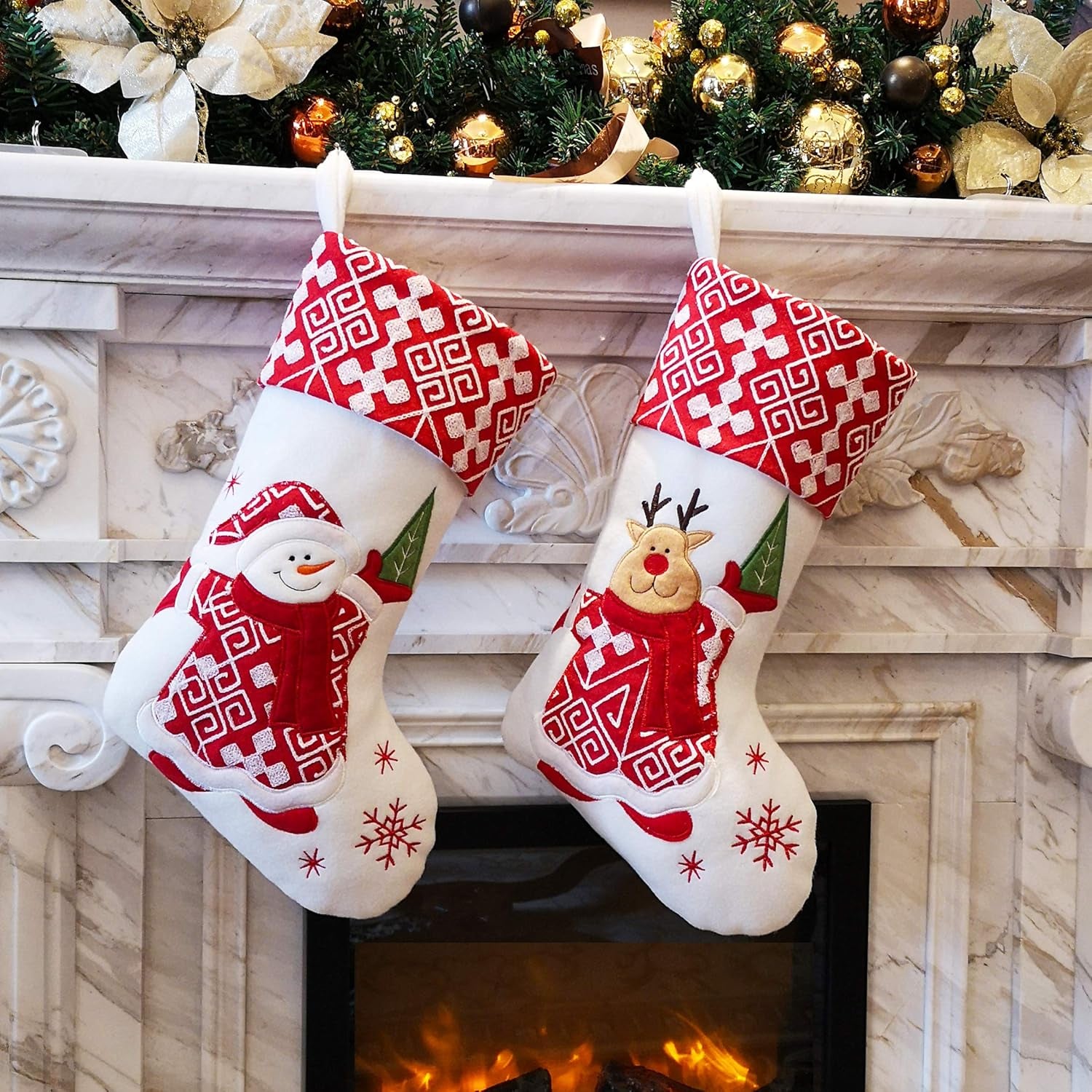 Classic Christmas Stockings Set of 2 Santa, Snowman Xmas Character 17 Inch (Style 4)